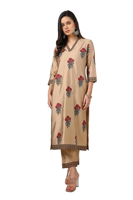 Soch Womens Earth Chanderi Blend Floral Print Kurta Set